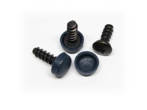 BMW OEM self-tapping license plate screws with dark blue covering caps.