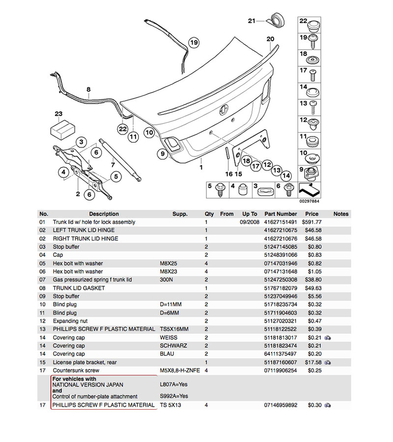 Real OEM BMW Parts Catalog: Trunk Lid Components for 2008 BMW 335i Sedan.